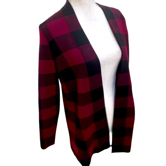 Talbots pure merino wool red/black plaid open front cardigan size medium petite - Picture 1 of 8